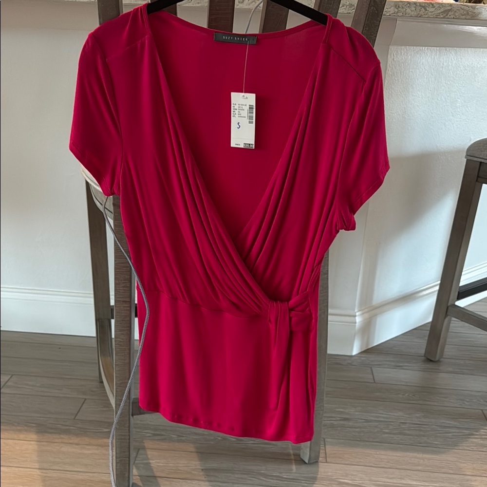 New York & Company Red Wrap Blouse Short Sleeve